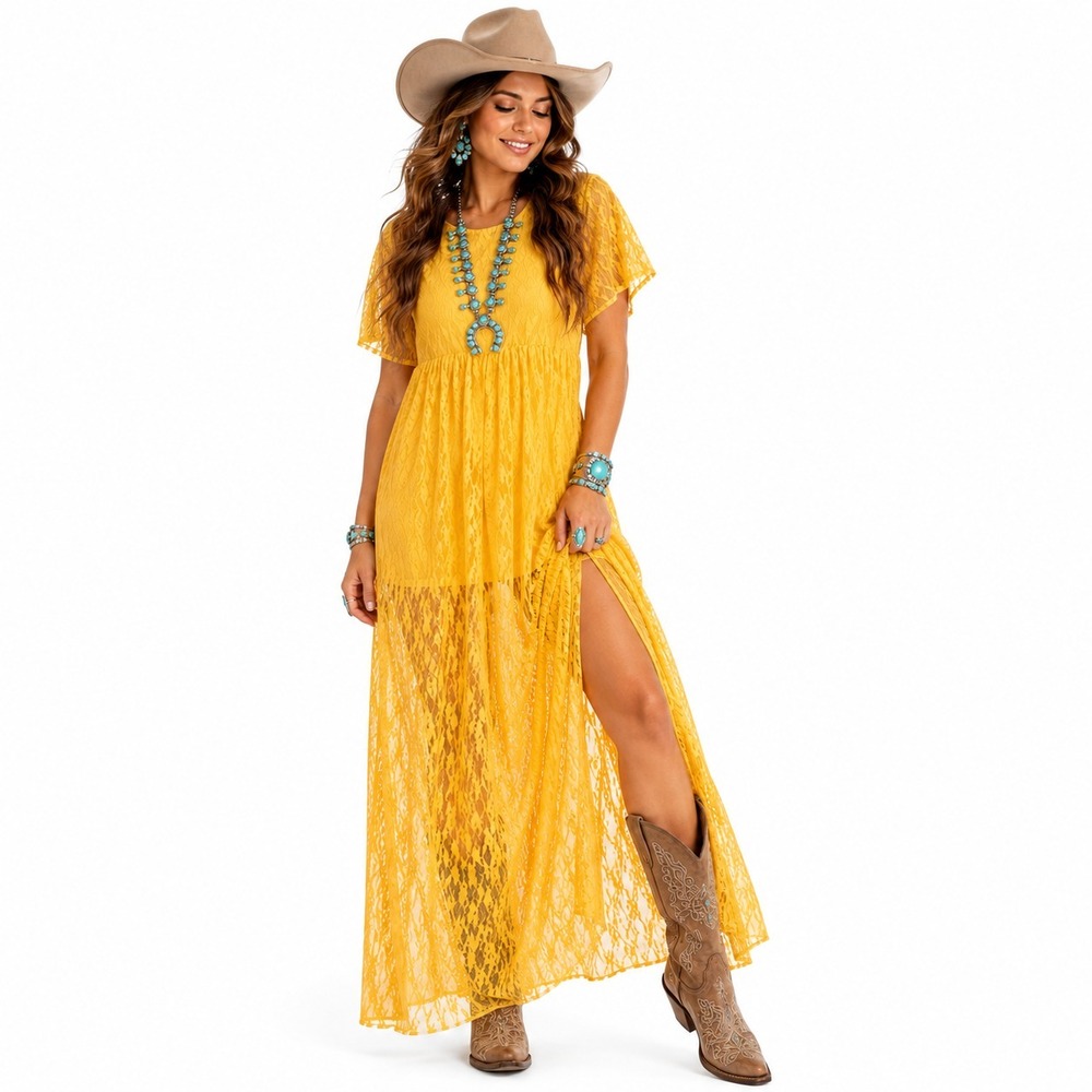 Crazy Train Rayanne Maxi Dress L Mustard Aztec Lace Western Boho Stretch